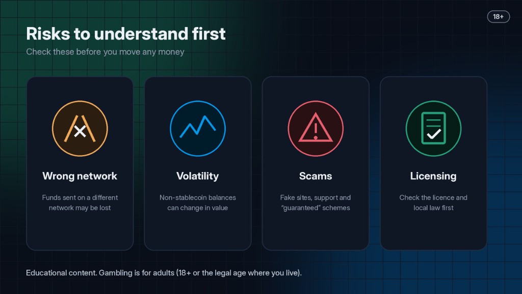 Four beginner risks before moving money: wrong network, volatility, scams, and licensing